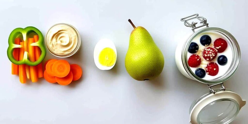 Three examples of balanced "Protein + Produce" snacks: vegetables with hummus, egg with pear, yogurt with berries.