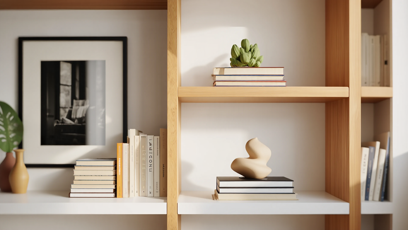 Beautifully curated bookshelf in a living room with books and ceramics