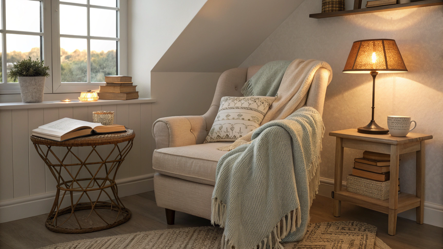 Cozy reading nook with armchair, soft blanket and natural light