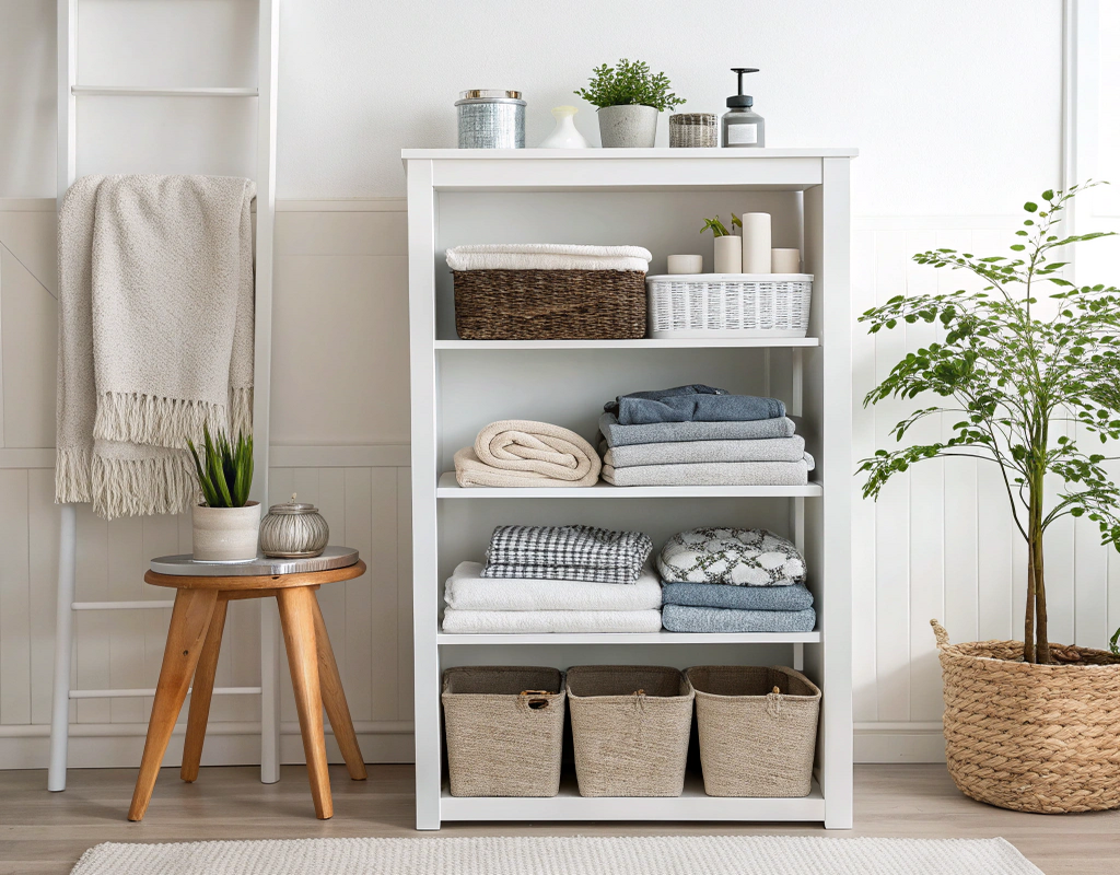 Decluttered minimalist living space with organized shelves and natural textures