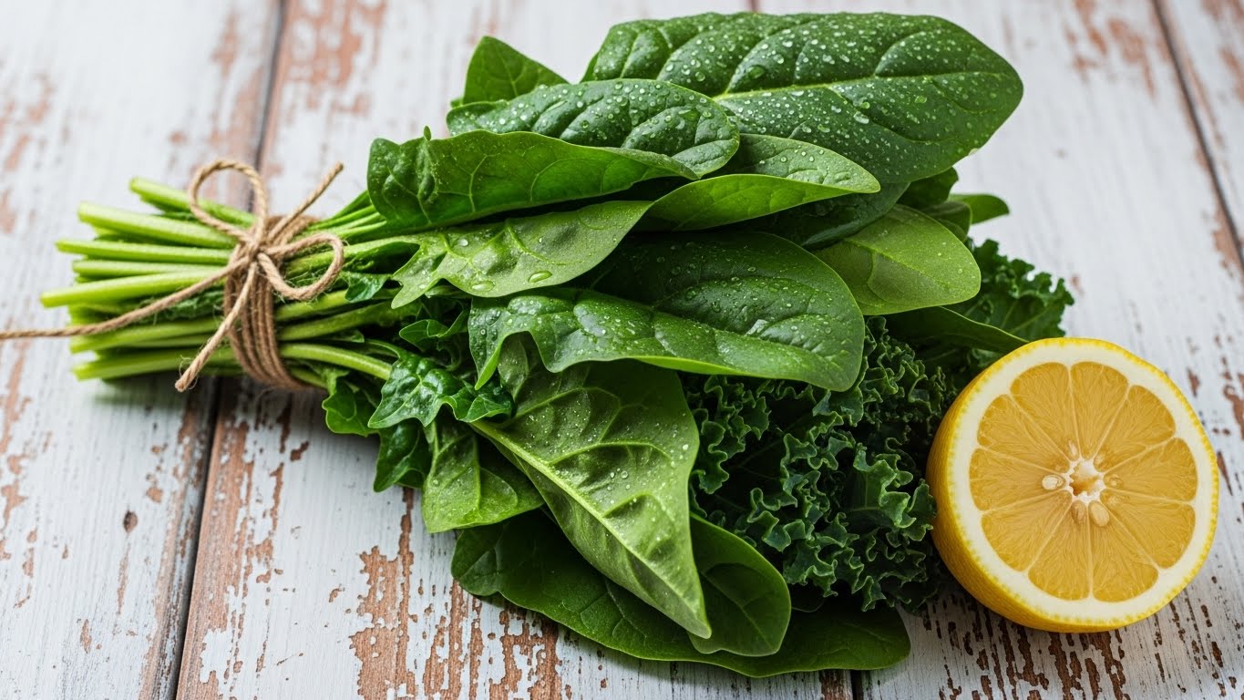 Fresh bundle of dark leafy greens (spinach and kale) with a lemon on a wooden surface.