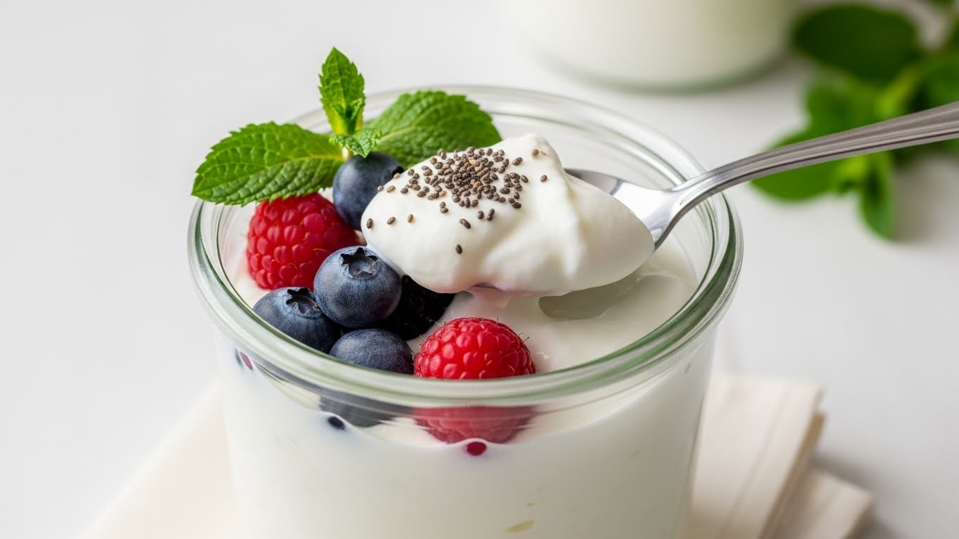 A jar of Greek yogurt topped with fresh berries, chia seeds, and a mint leaf.