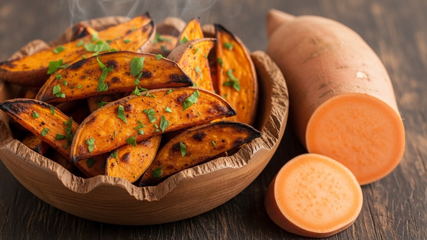 A bowl of roasted sweet potato wedges and a whole raw sweet potato cut open.