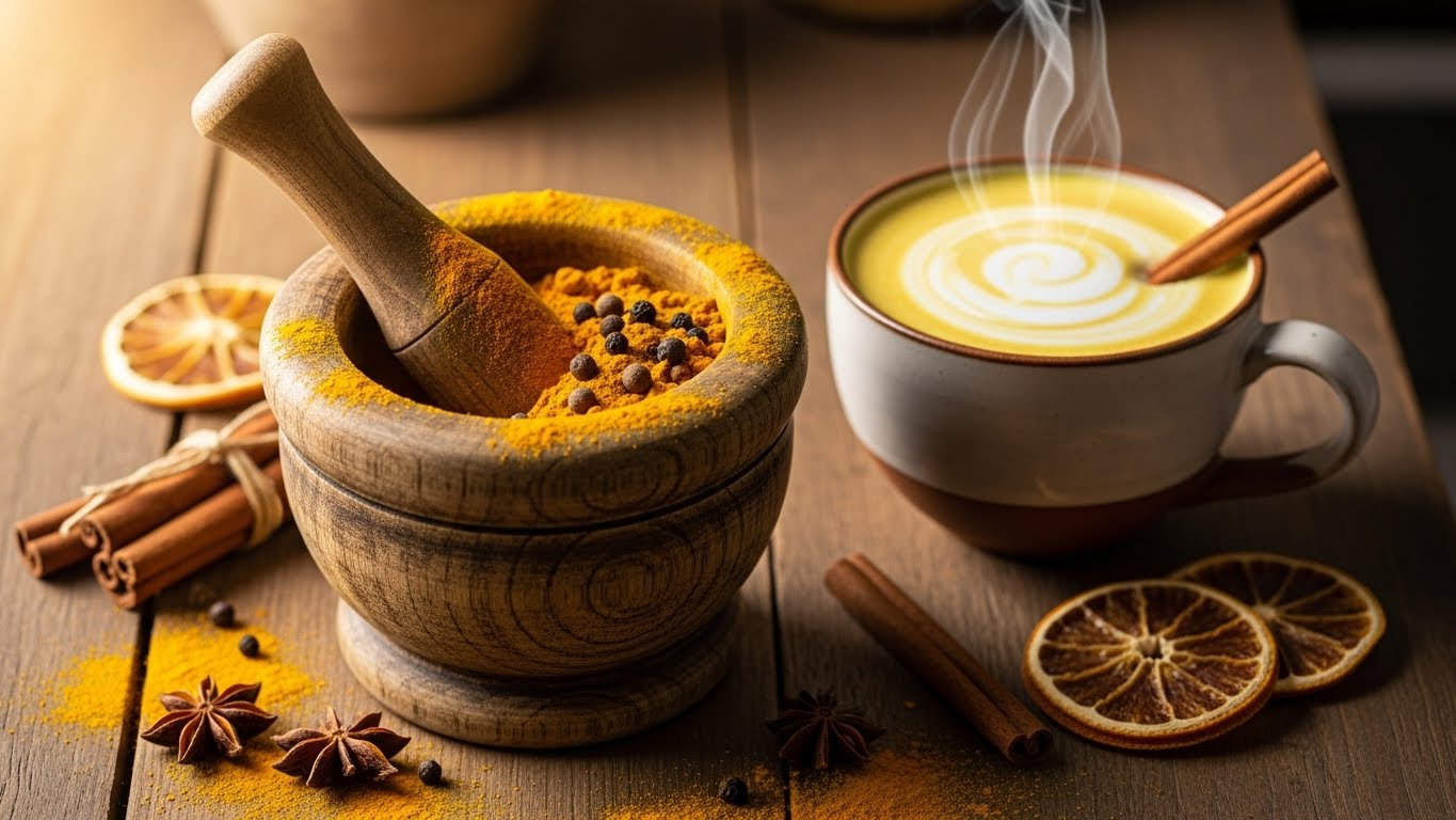 Turmeric powder, black peppercorns, and a mug of golden milk latte.