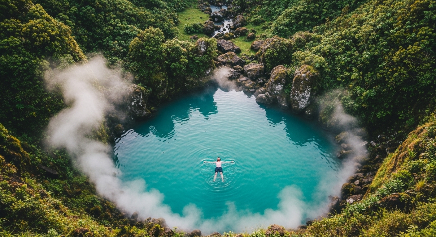 Traveler in Azores volcanic hot spring