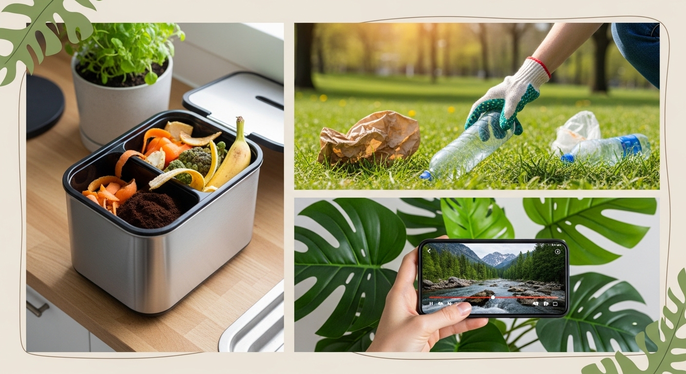 Three ways to continue sustainable habits at home: composting, joining clean-ups, revisiting nature memories
