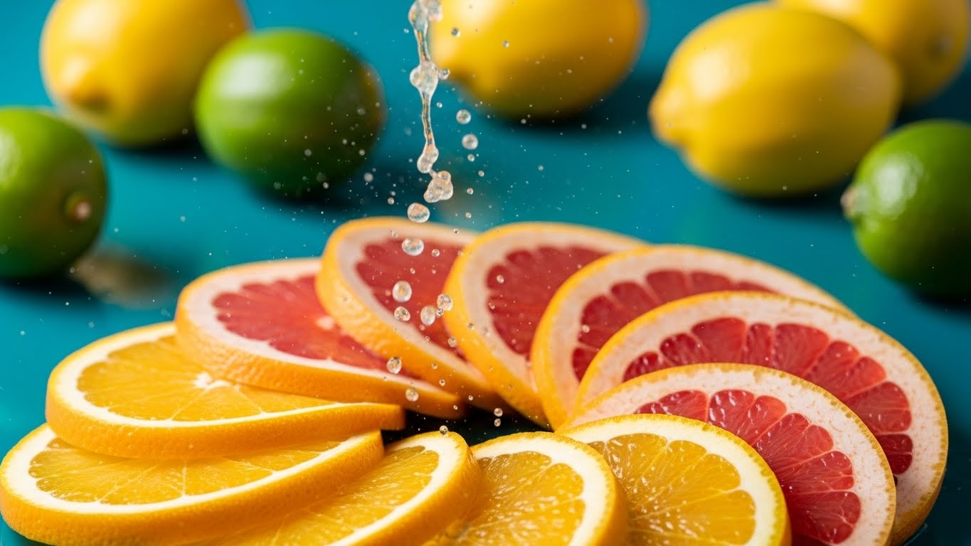 Fresh sliced oranges, grapefruit, lemons, and limes with bursting juice.