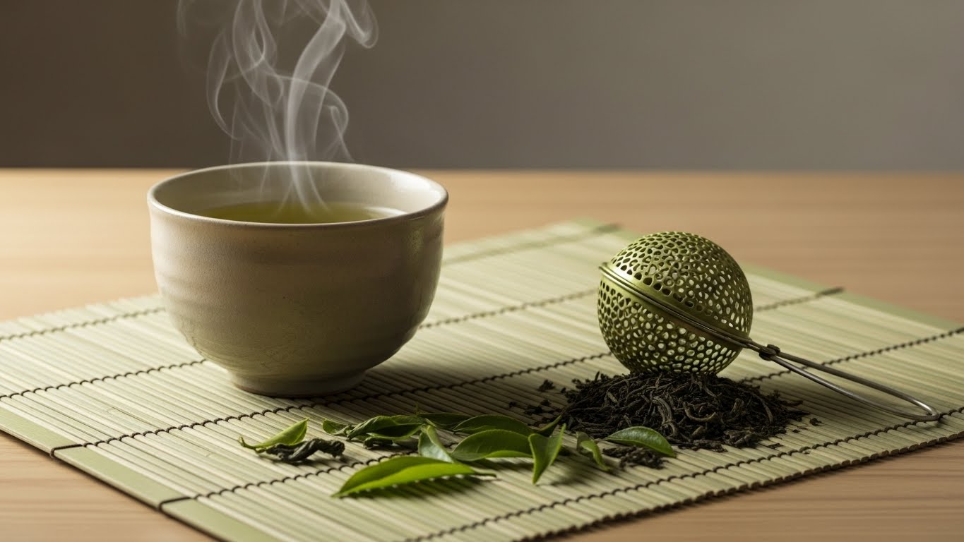 A cup of green tea with loose leaves and a strainer on a bamboo mat.
