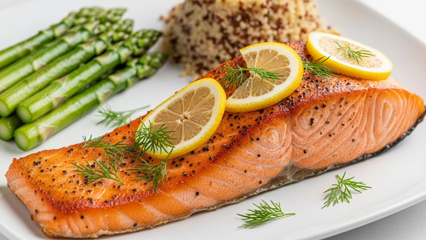 A cooked salmon fillet with crispy skin, served with lemon, dill, asparagus, and quinoa.