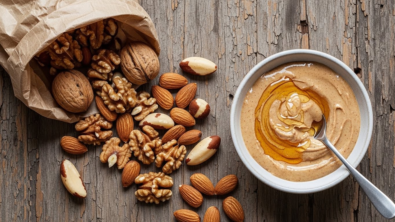 Assortment of almonds, walnuts, and natural almond butter with honey.