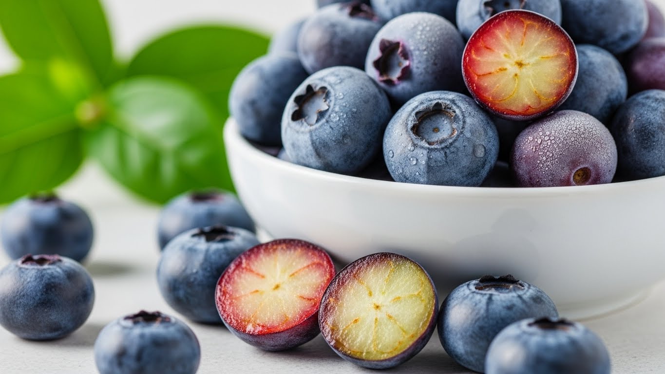 Close-up of fresh and frozen vibrant blueberries in a bowl.