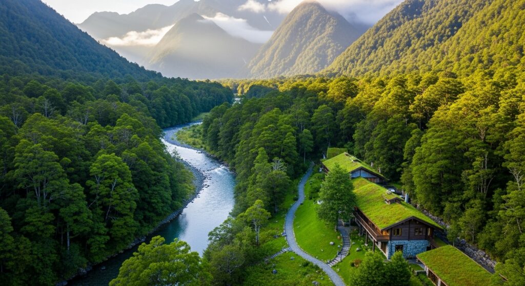 Aerial view of a sustainable eco-lodge nestled in a pristine green mountain valley with a river