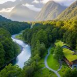 Aerial view of a sustainable eco-lodge nestled in a pristine green mountain valley with a river