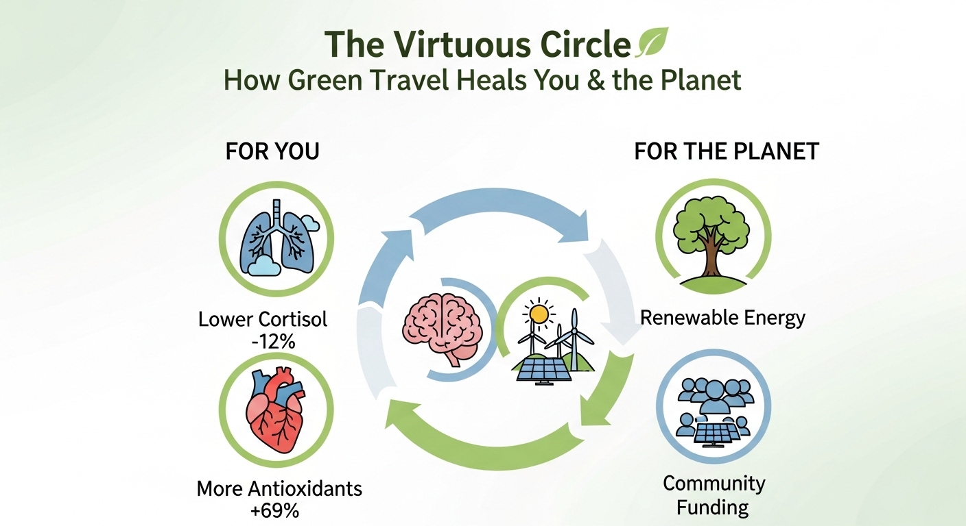Infographic showing how eco-travel benefits personal health and planetary health