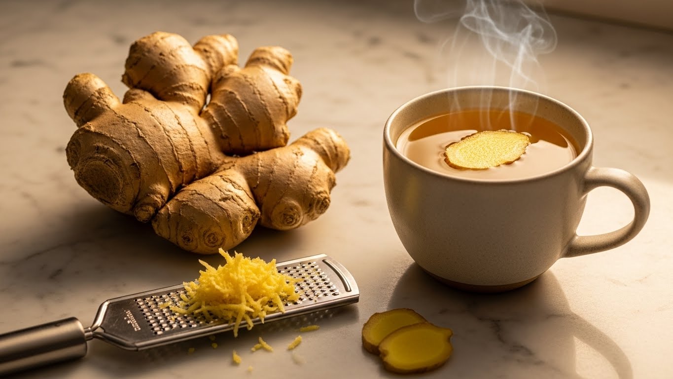 Fresh ginger root, grated ginger, and a mug of ginger tea.