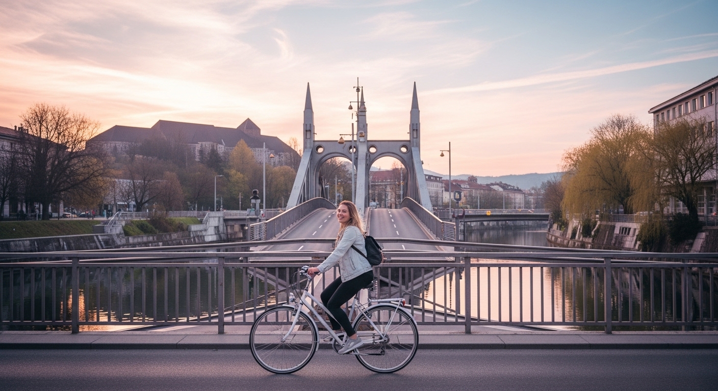 Woman cycling car-free Triple Bridge in Ljubljana