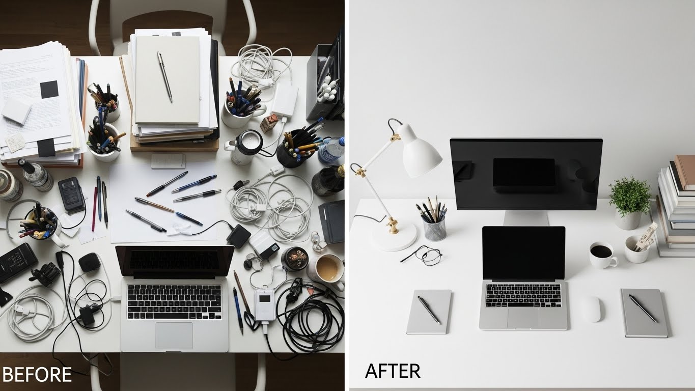 Desk decluttering process for a productive workspace