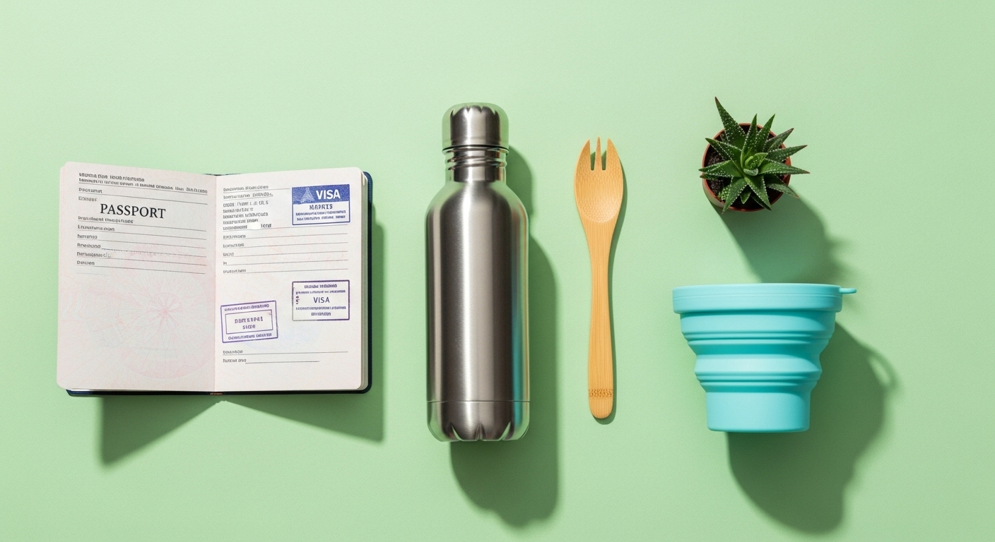 Zero-waste travel essentials flat lay