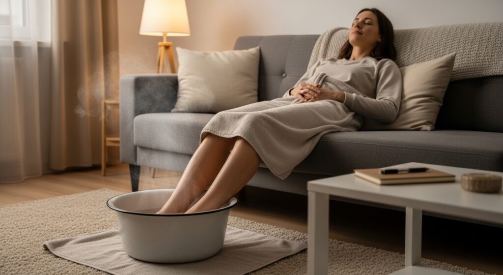 Person relaxing on sofa with feet in a warm foot bath as part of a 20-minute sleep protocol