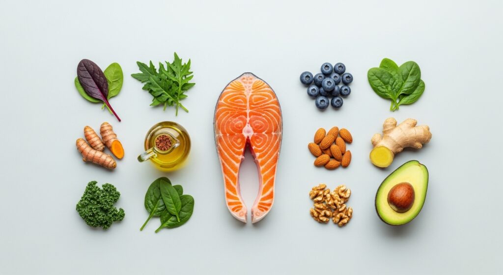Anti-inflammatory foods including salmon, berries, leafy greens, olive oil, and turmeric arranged on a clean background