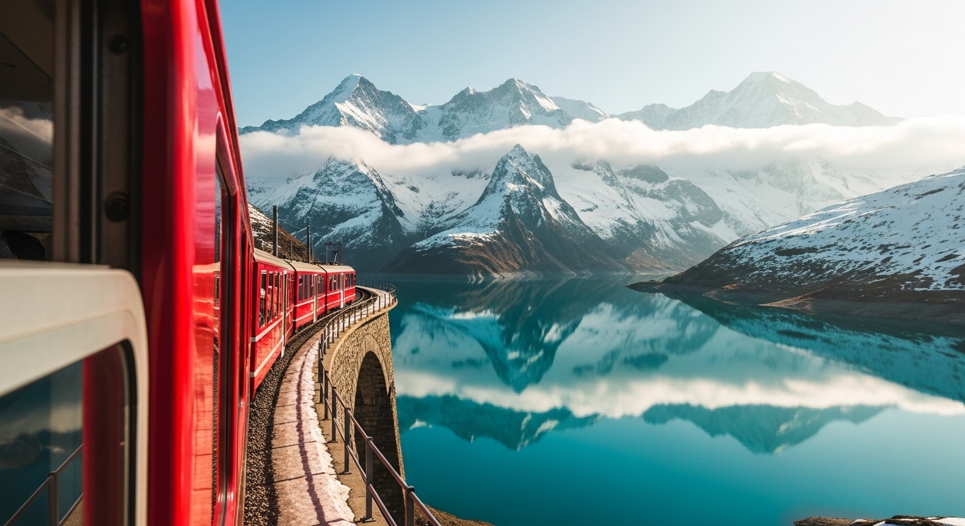 Bernina Express open window view over Lake Bianco Alps