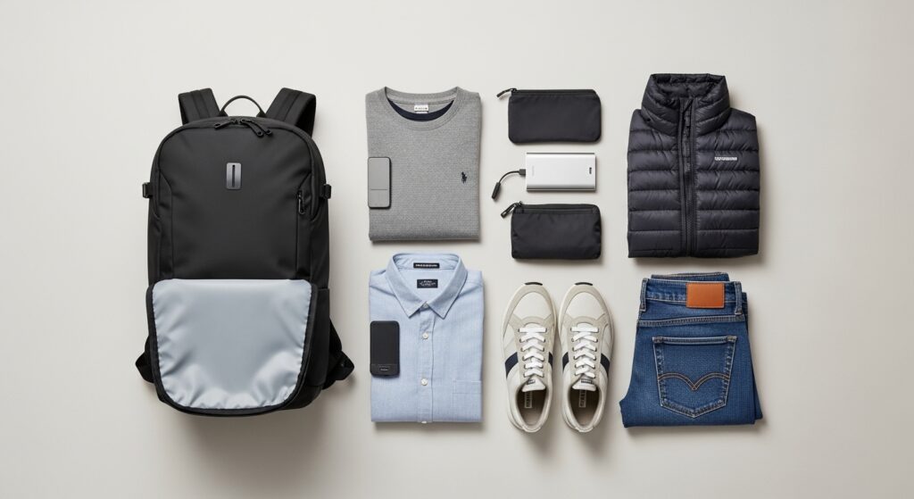 Flat lay of a minimalist travel packing list: backpack, core clothing, and essentials for carry-on only travel