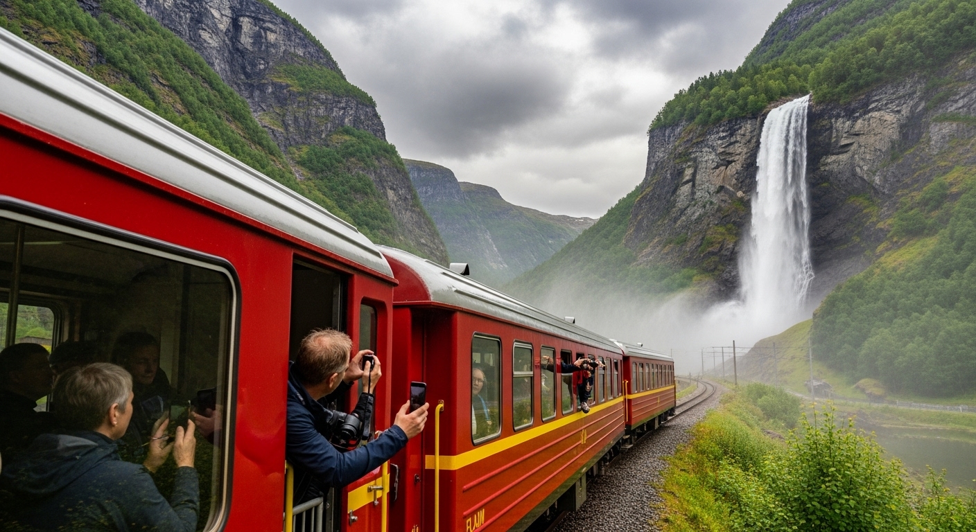 Flam railway Kjosfossen waterfall photo stop