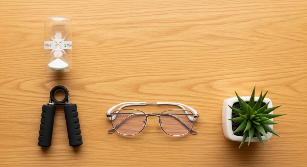 Flat lay of affordable desk accessories: sand timer, hand gripper, blue-light glasses, and a plant