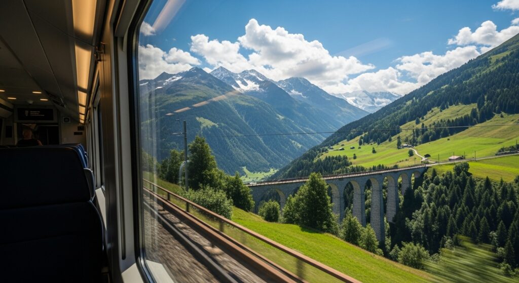 View from a train window of a scenic European alpine landscape with mountains and a viaduct