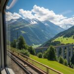 View from a train window of a scenic European alpine landscape with mountains and a viaduct