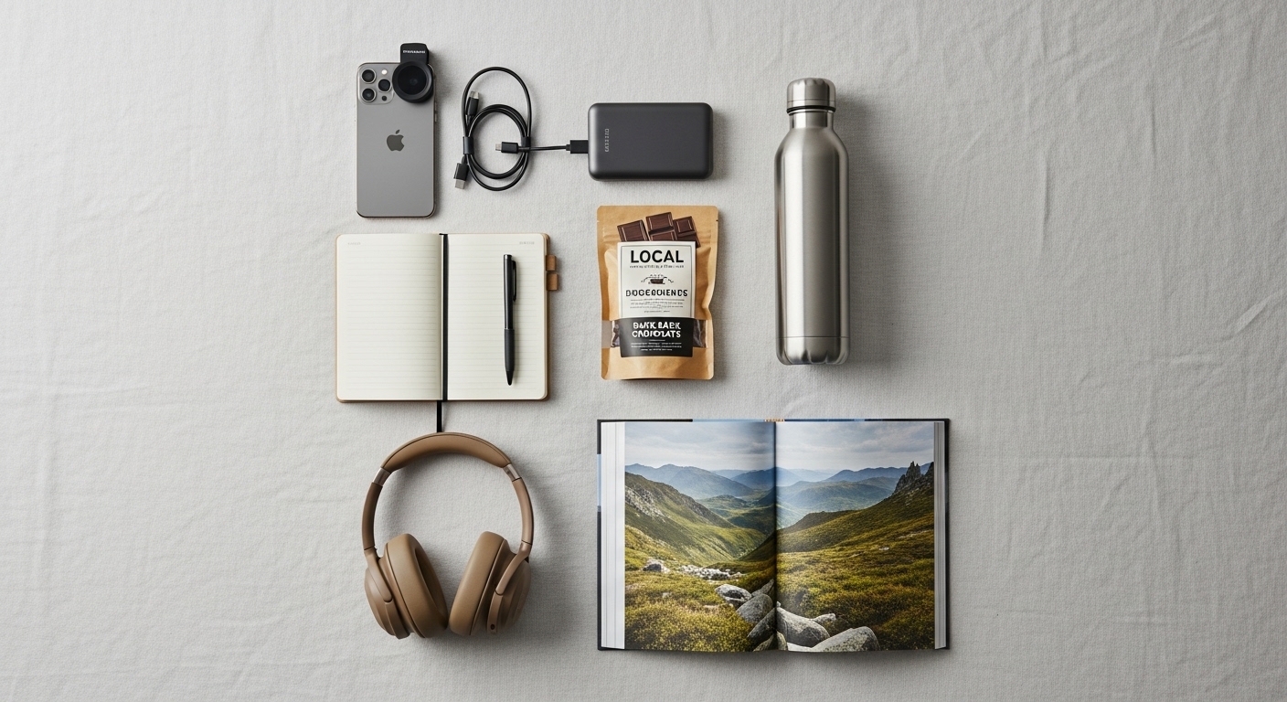 Flat lay of travel essentials for a scenic train trip: phone, lens, power bank, snacks, book, headphones