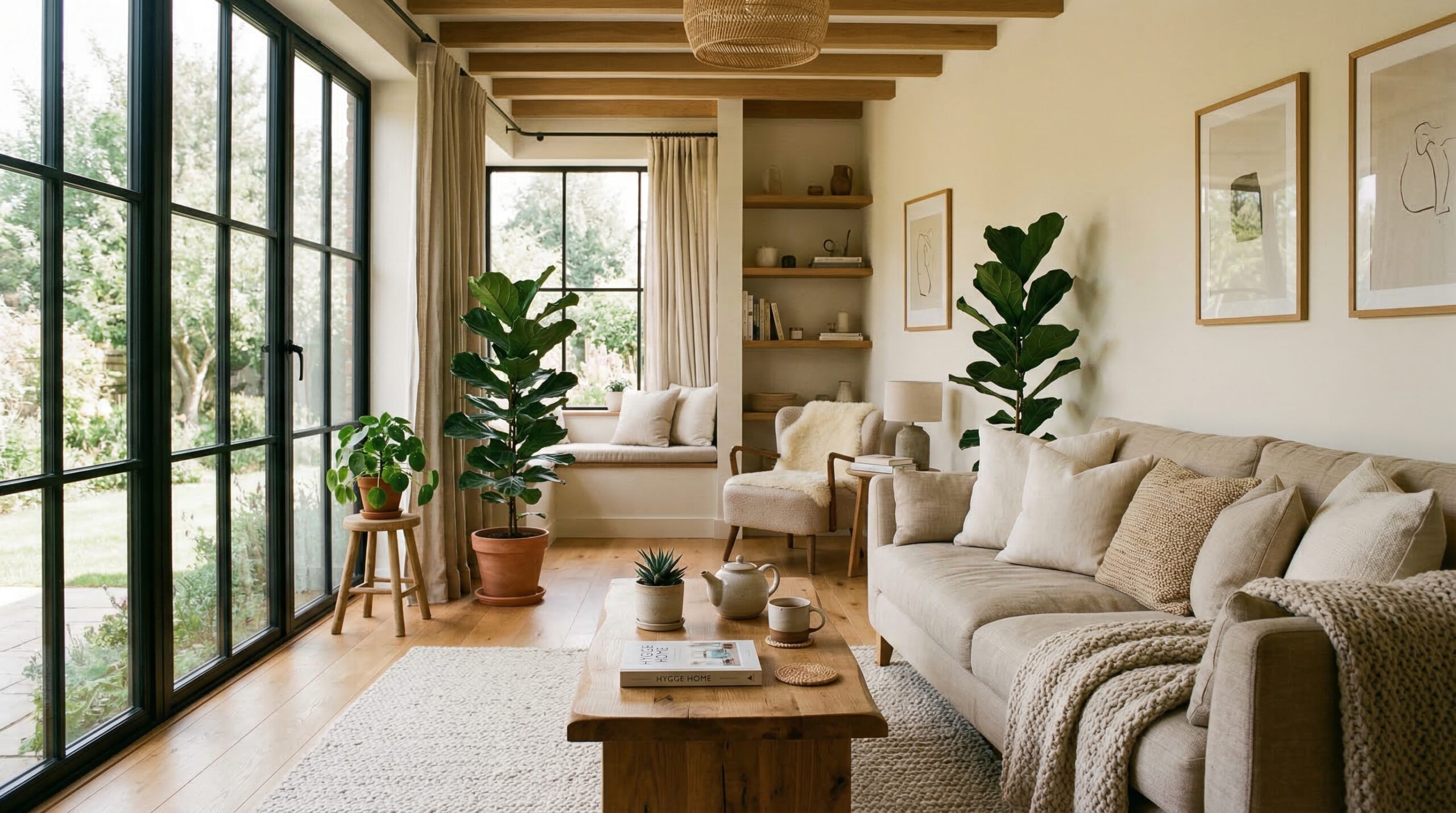 Calm living room with natural light streaming through windows, cozy furniture and plants