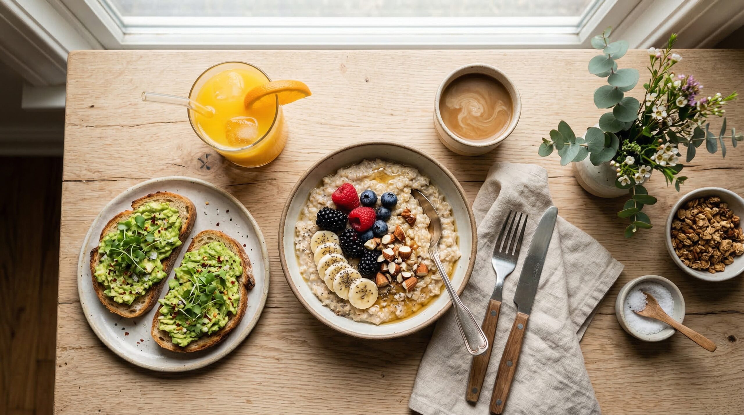 Healthy breakfast flat lay with oatmeal, berries, avocado toast