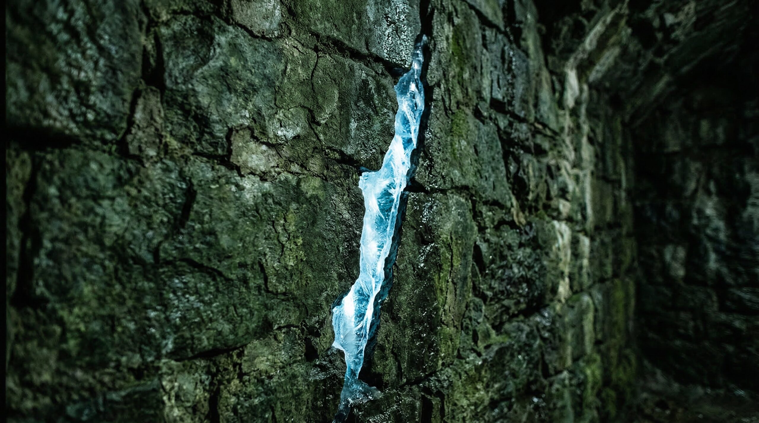 Dark green stone wall with a thin crack revealing a glowing icy vein, symbolizing strength and adaptability