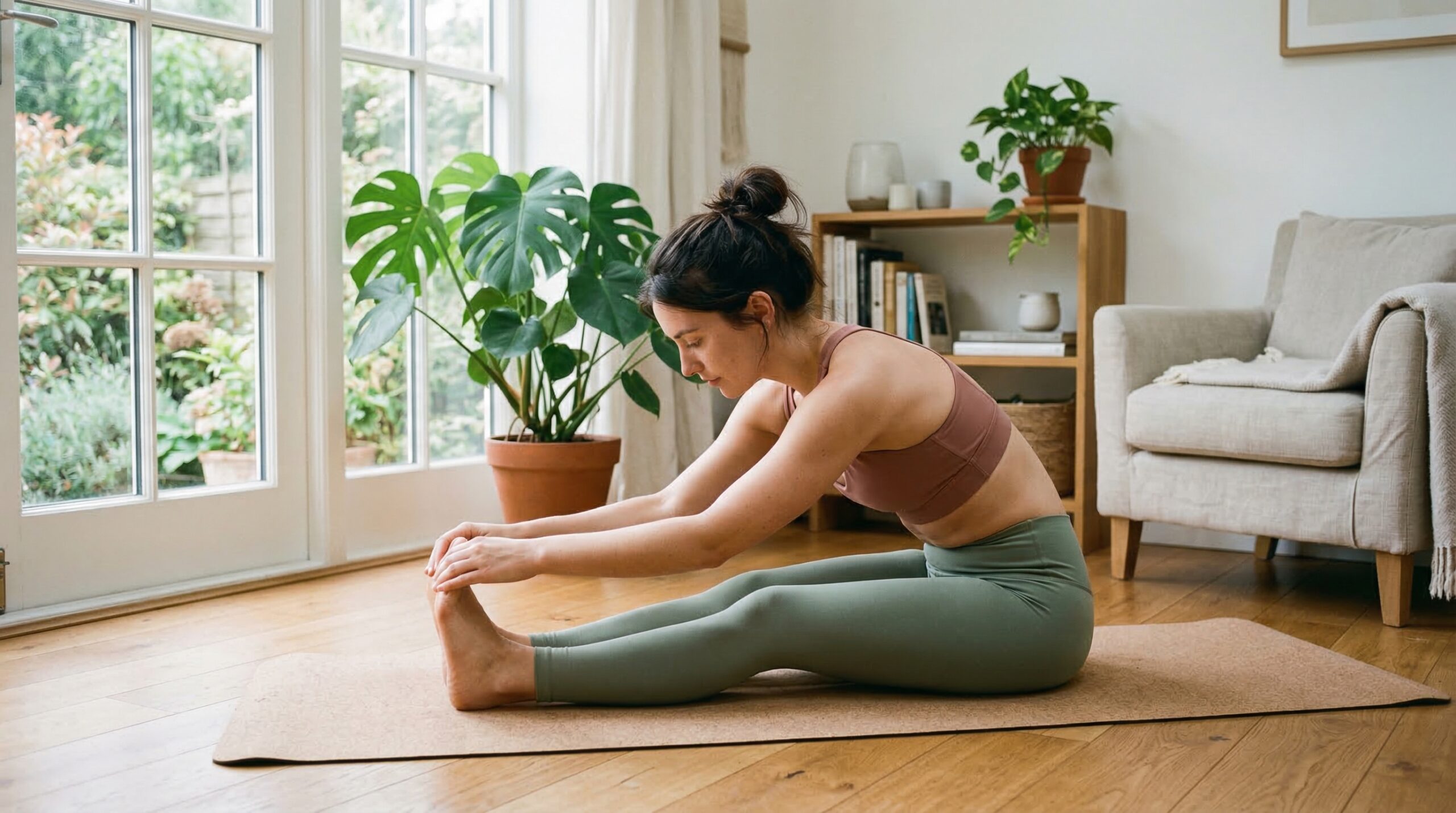 Person doing gentle morning stretch, flexibility and self-kindness