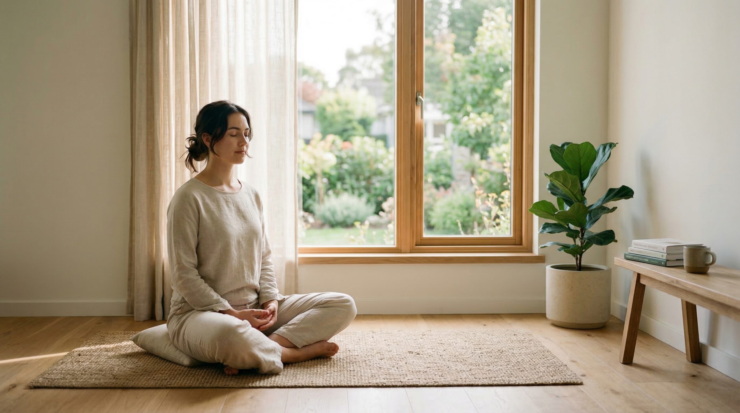 Person meditating by window in soft morning light, mindful morning moments