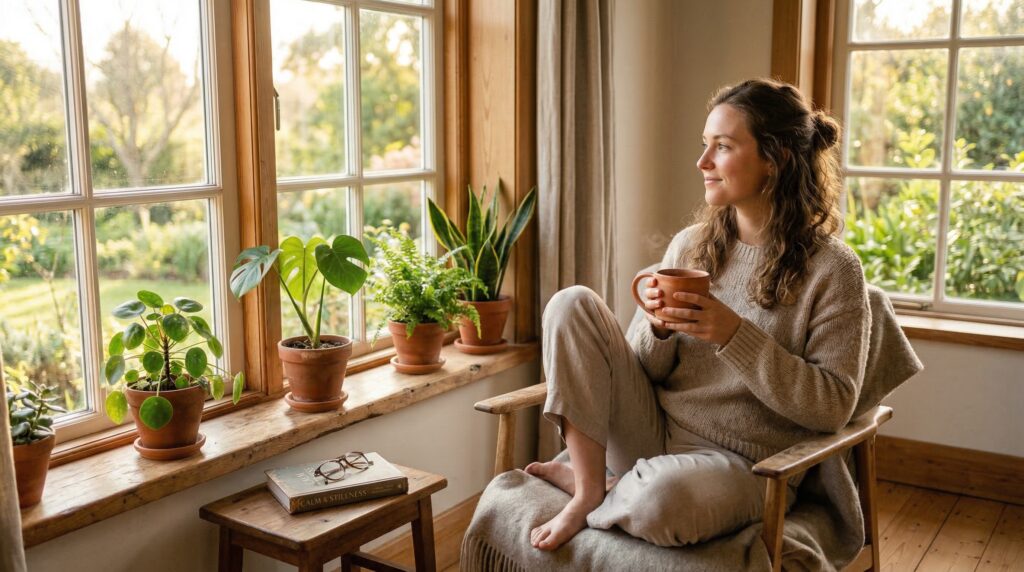 calm expression, minimalist interior with plants, serene and mindful atmosphere