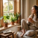 calm expression, minimalist interior with plants, serene and mindful atmosphere