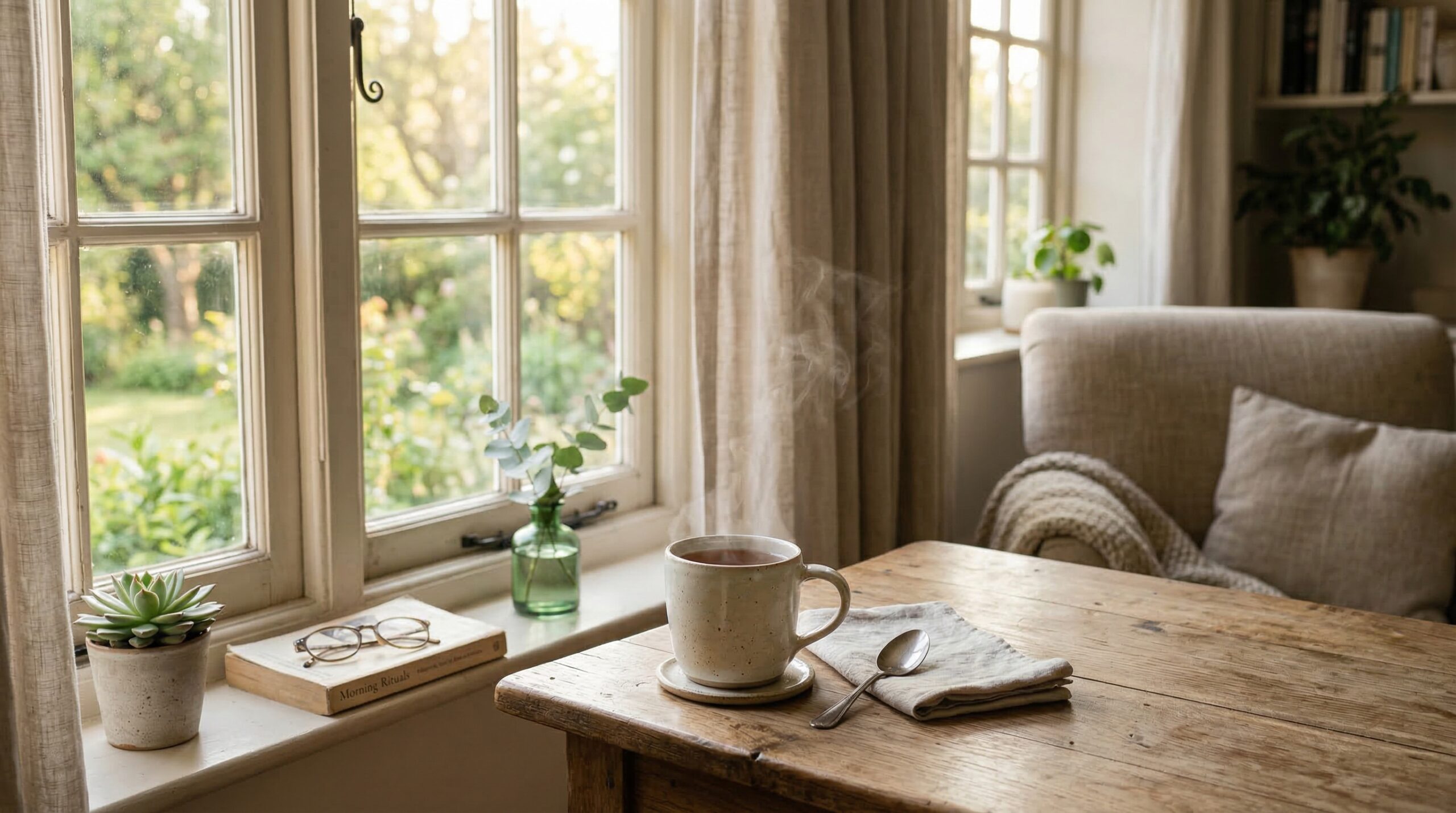 Gentle morning light streaming through window with tea cup, peaceful start to the day