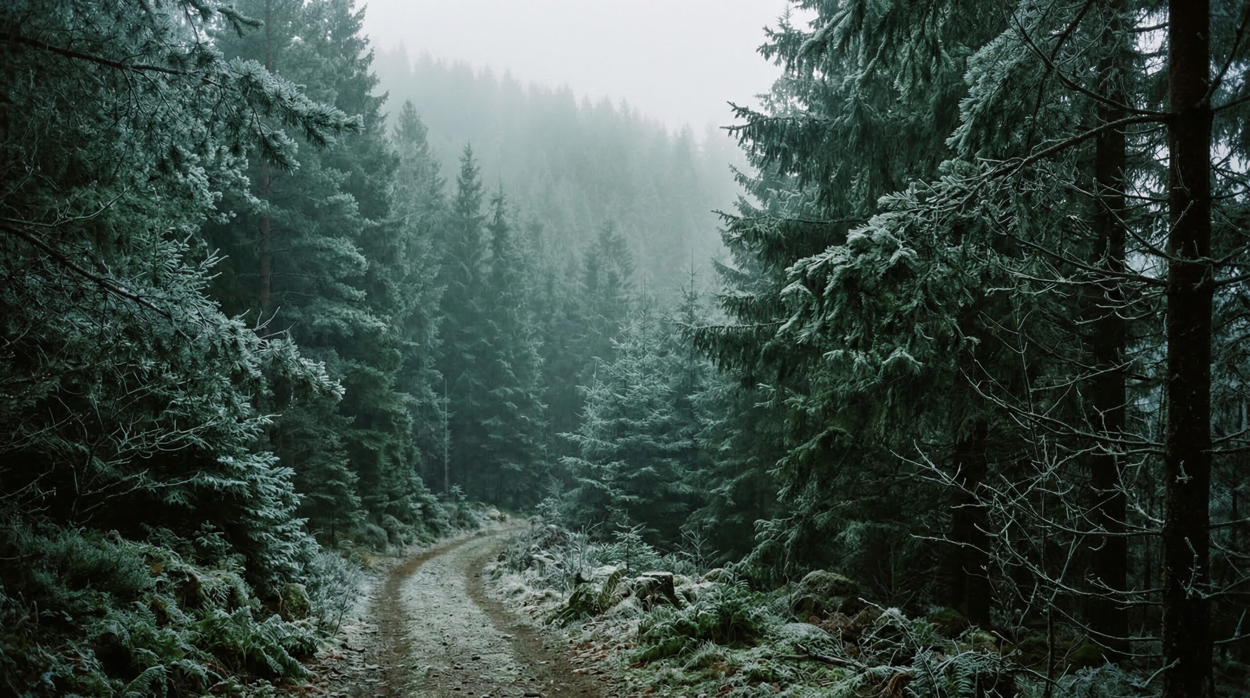 Misty pine forest in deep emerald tones with morning frost, creating a serene and meditative atmosphere