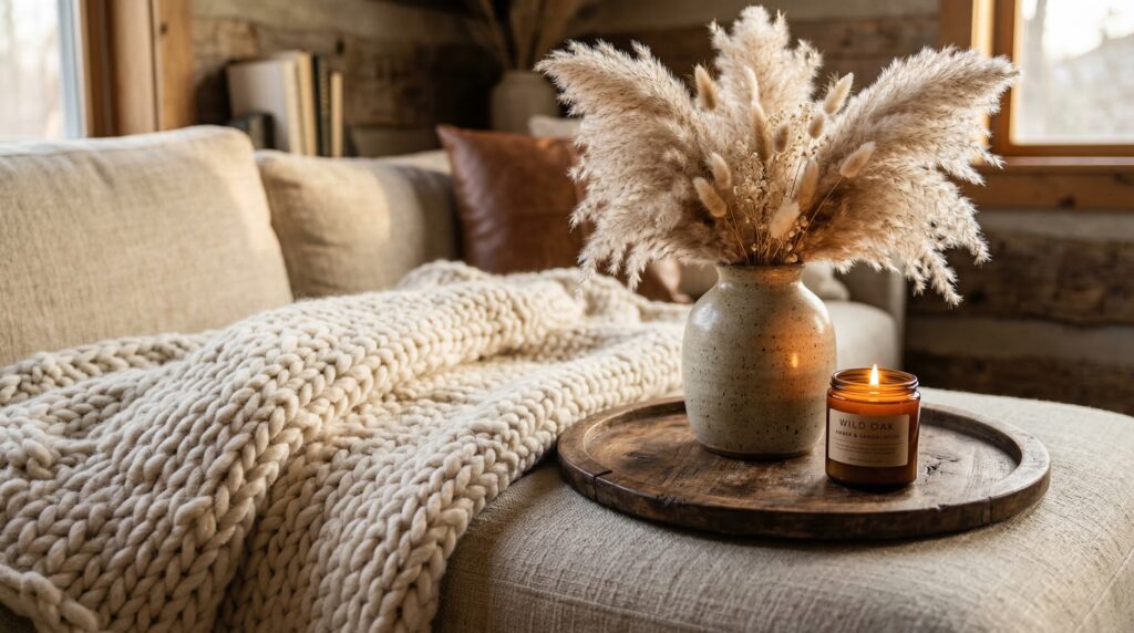 a chunky knit wool throw on a linen sofa, a ceramic vase with dried pampas grass