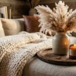 a chunky knit wool throw on a linen sofa, a ceramic vase with dried pampas grass