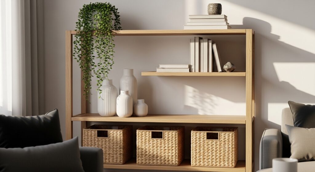 photography of a modern minimalist oak wood shelving unit