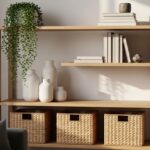 photography of a modern minimalist oak wood shelving unit