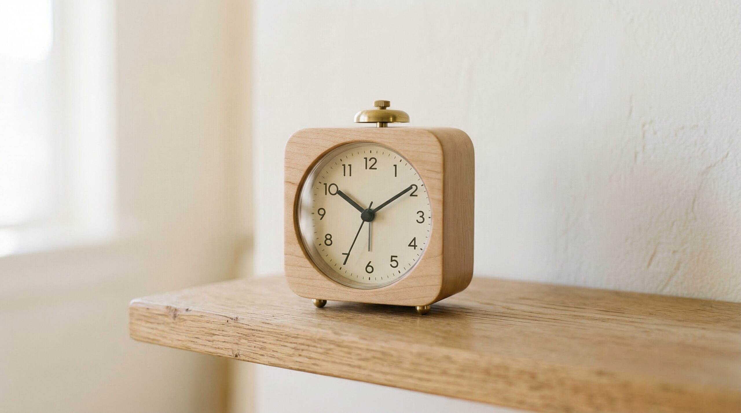 Bedroom with no electronics or digital devices, analog alarm clock only