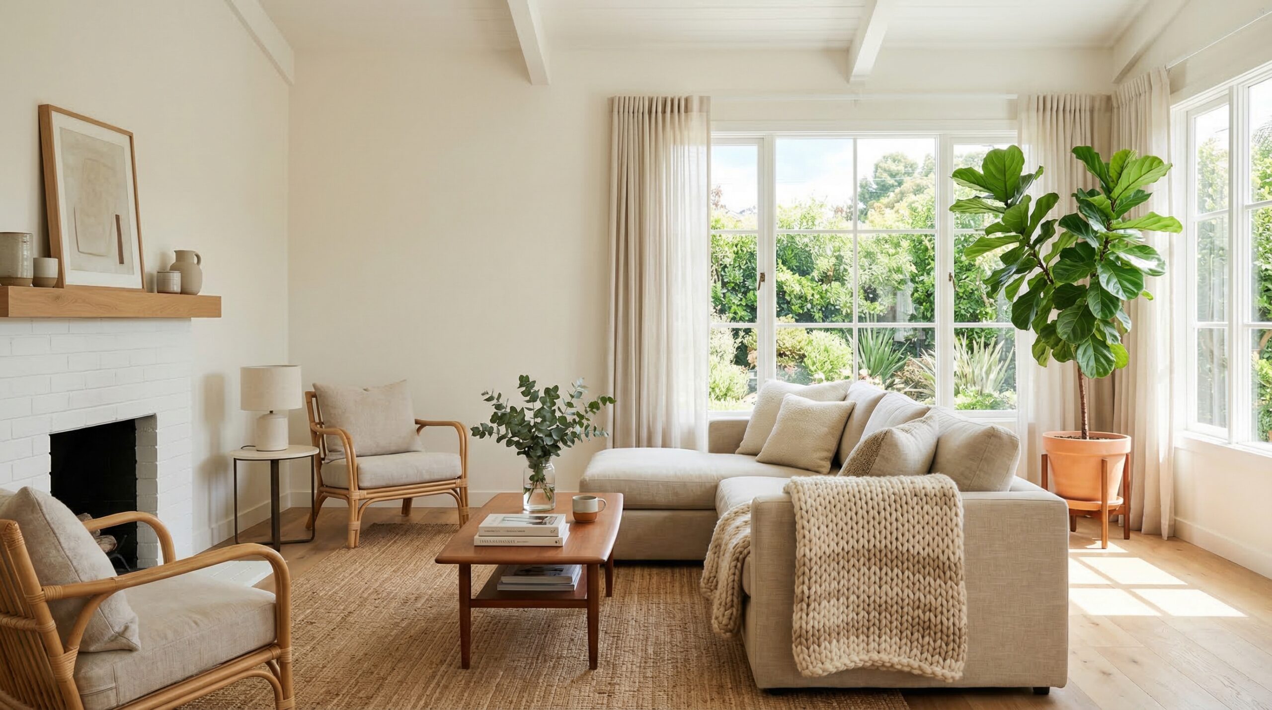 Bright airy living room with natural light and cozy textures