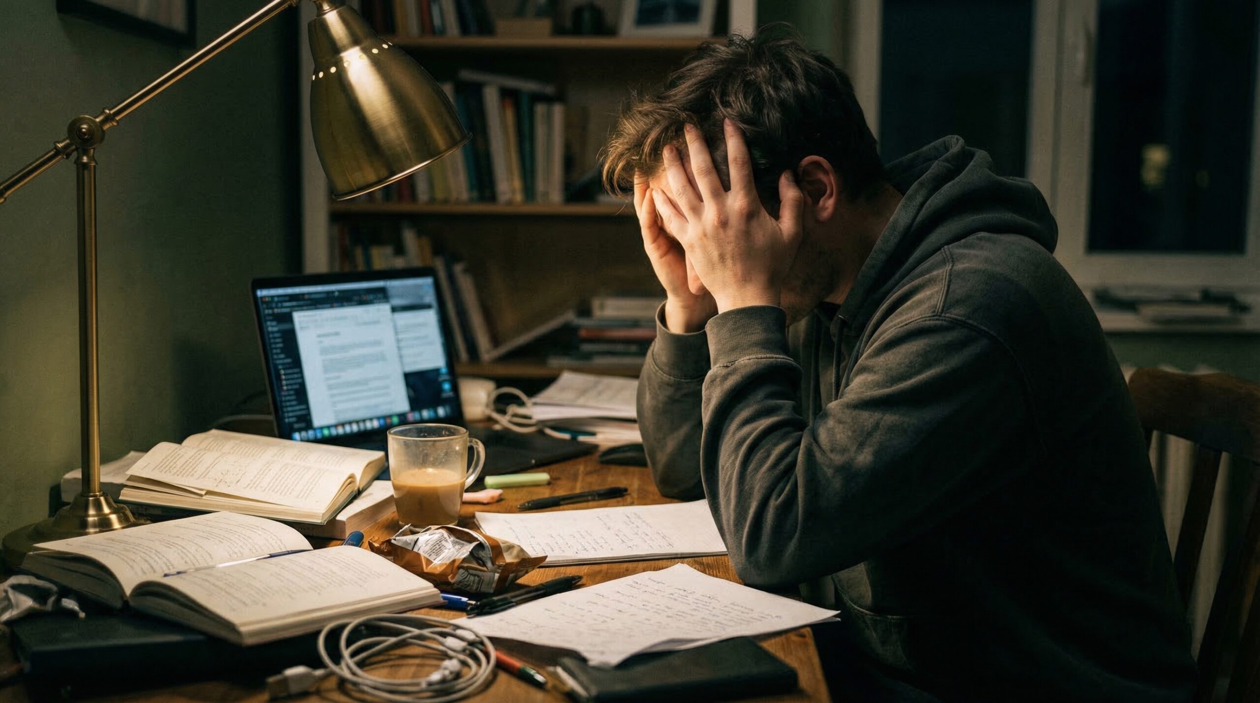 Person overwhelmed at cluttered desk symbolizing burnout