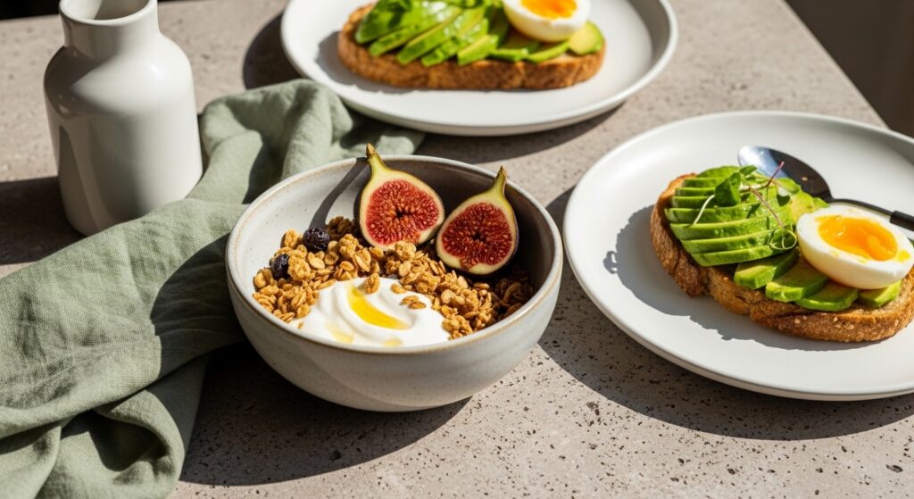 chic morning breakfast scene on a textured greige stone table