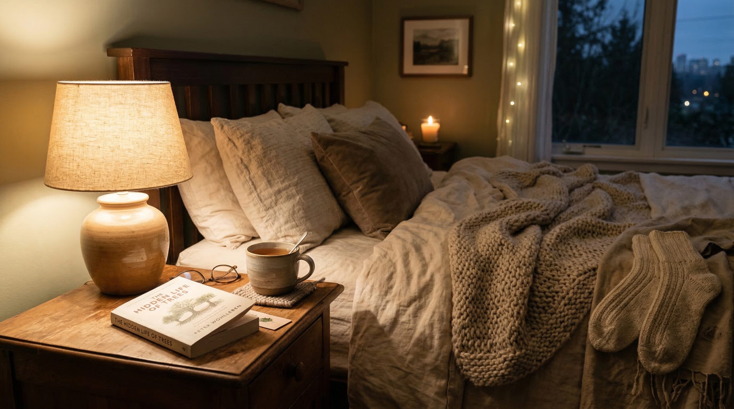 Cozy evening setup with book, tea and warm lamp