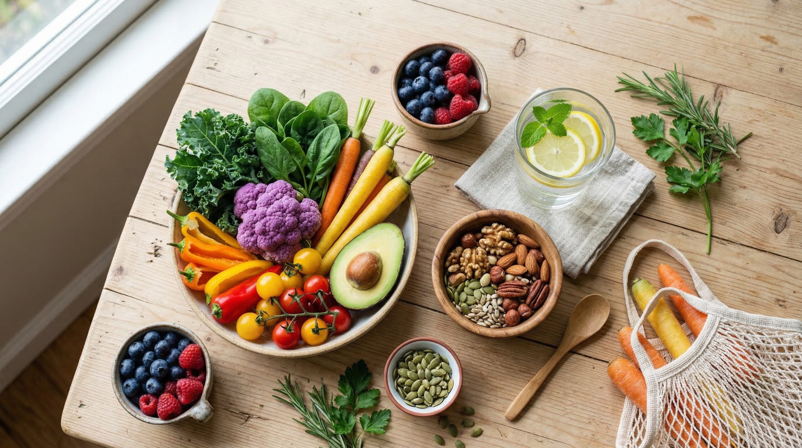 Vibrant flat lay of fresh vegetables, nuts and lemon water